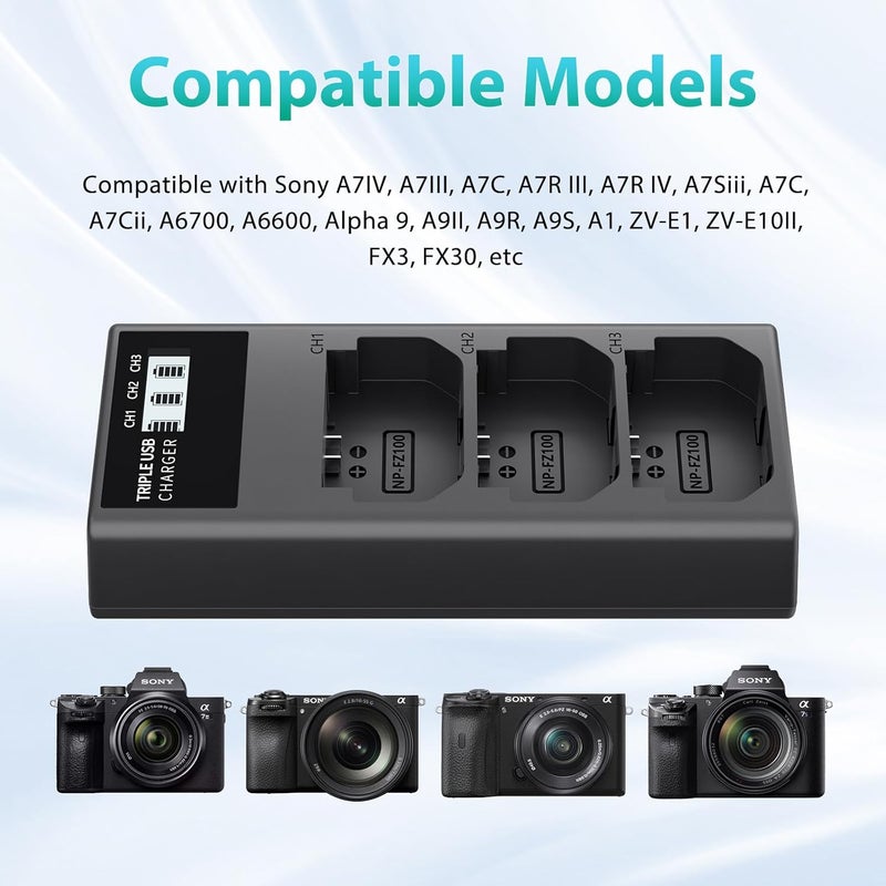 L & P NP-FZ100 Battery Charger, 3-Slot USB Charger with LCD Display, Compatible with Sony A9 A9R A9S A9II A7C A7CII A7SIII A7III A7RIII A7RIV A7IV A6600 A6700 ZV-E1 Cameras, Battery Charger for np-fz100 - Image 2